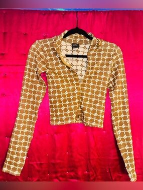 👑 LIKE NEW ZIP UP Cropped Brown and White Patterned Zip-Front Sweater Size Small